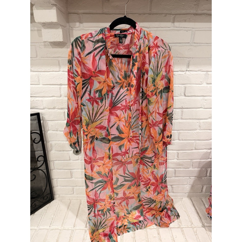Jessica Simpson Tropical 2 piece Long Kimono and Top Size XS Pink